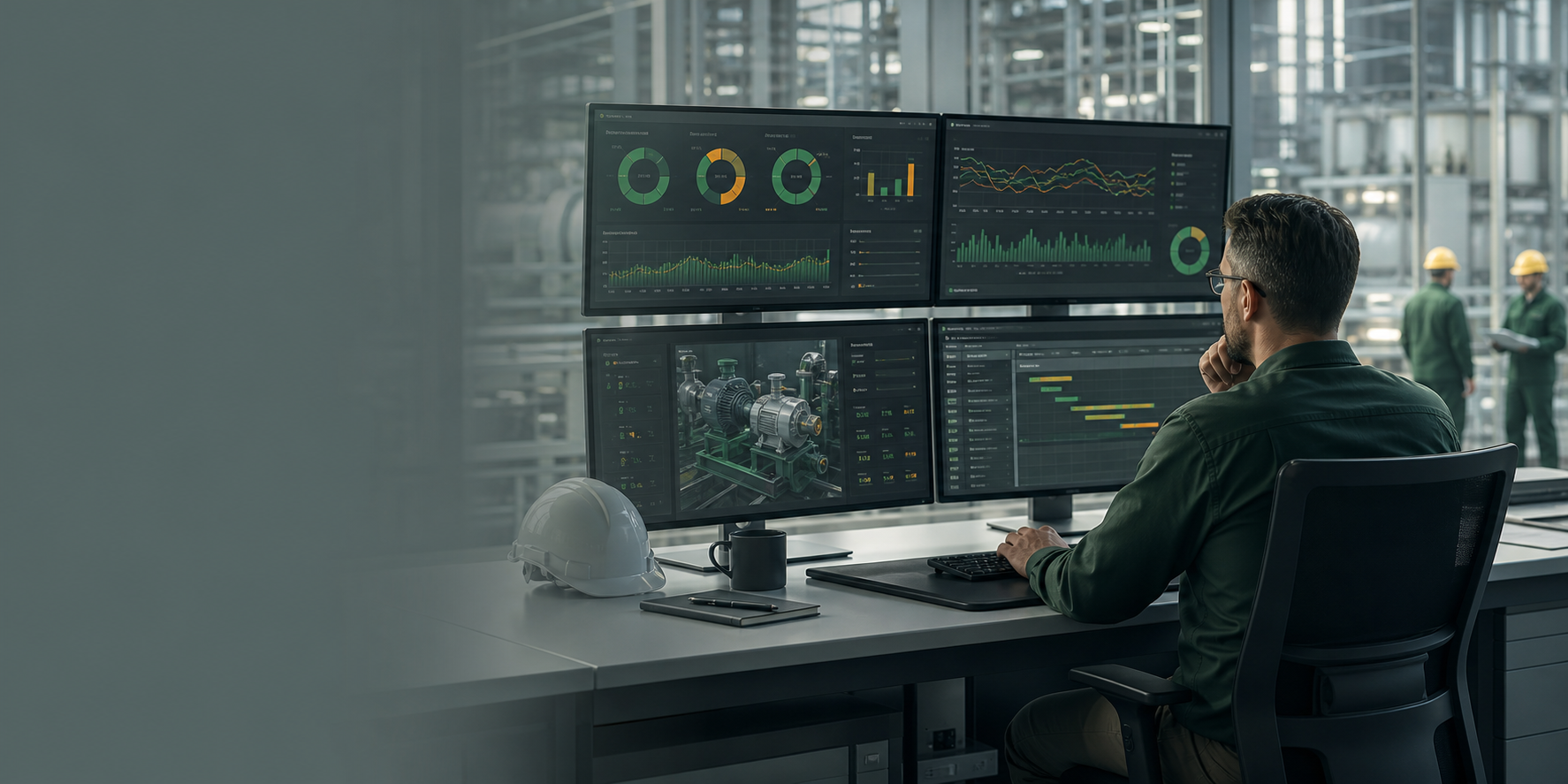 Industrial reliability dashboards and maintenance planning screens in a modern operations environment